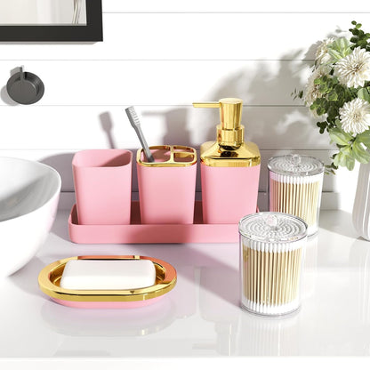 XLHOMO Bathroom Accessories Set - Luxury Pink Bathroom Set, 9 Pieces Bathroom Accessory Set, Pink Bathroom Accessories with Trash Can, Toilet Brush & Soap Dispenser