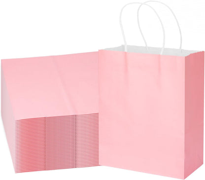 Gift Bags, 100 Pack 10.5x8.5x4.5 Inch, Paper Bags with Handles, Medium Size, Pink Gift Bag for Birthday, Wedding, Bulk, Party, Lunch, Goodie