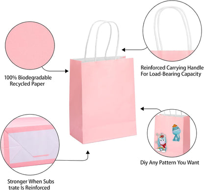 Gift Bags, 100 Pack 10.5x8.5x4.5 Inch, Paper Bags with Handles, Medium Size, Pink Gift Bag for Birthday, Wedding, Bulk, Party, Lunch, Goodie