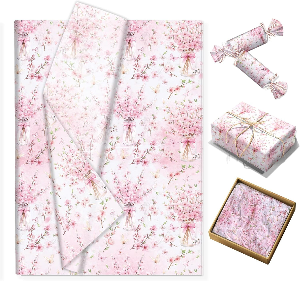 50 Sheets Pink Floral Tissue Papers, Peach Blossoms Flower Gift Wrapping Paper Art Decorative Tissue for Wedding Birthday Bridal Shower Craft Tea Party Favor Decoration, 14 x 20 Inch (A)