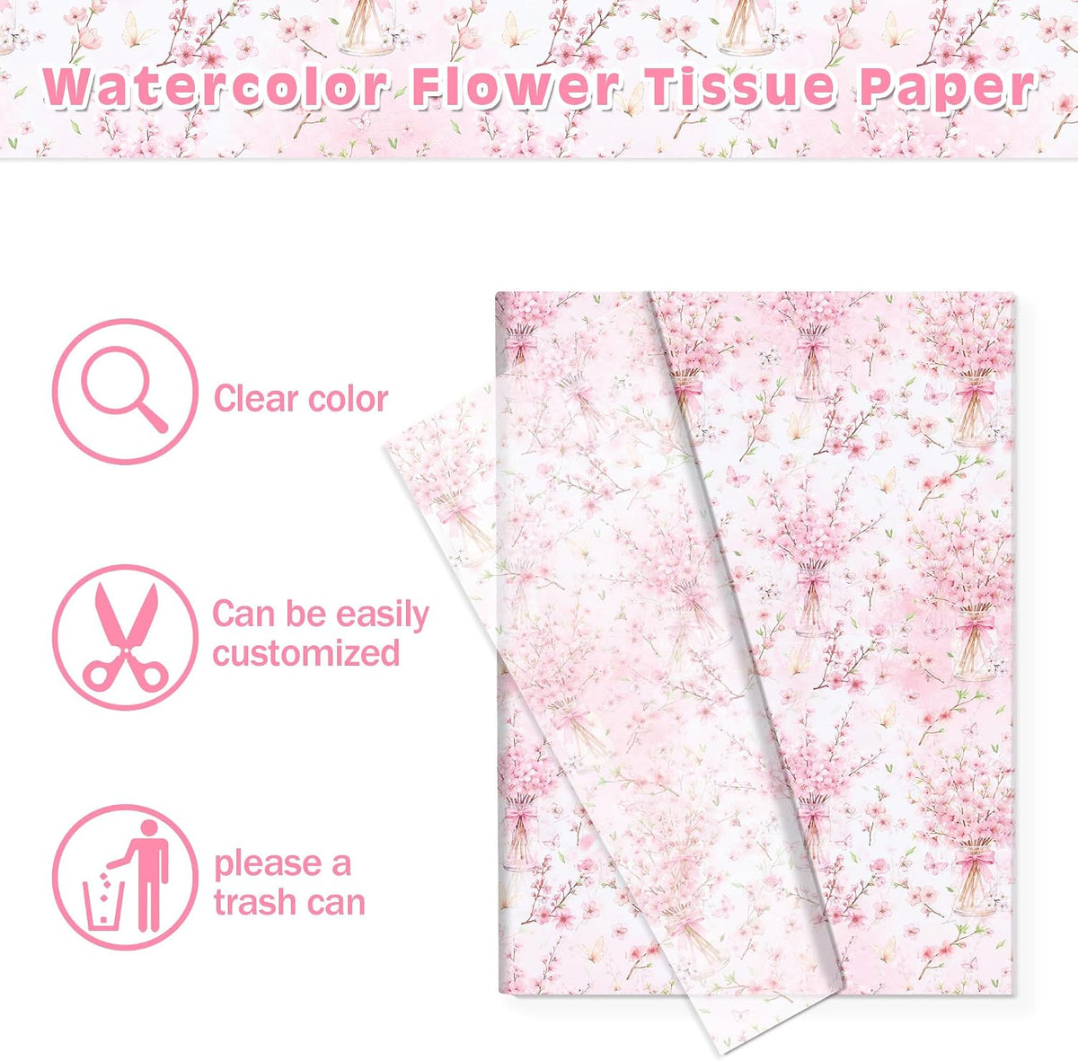 50 Sheets Pink Floral Tissue Papers, Peach Blossoms Flower Gift Wrapping Paper Art Decorative Tissue for Wedding Birthday Bridal Shower Craft Tea Party Favor Decoration, 14 x 20 Inch (A)