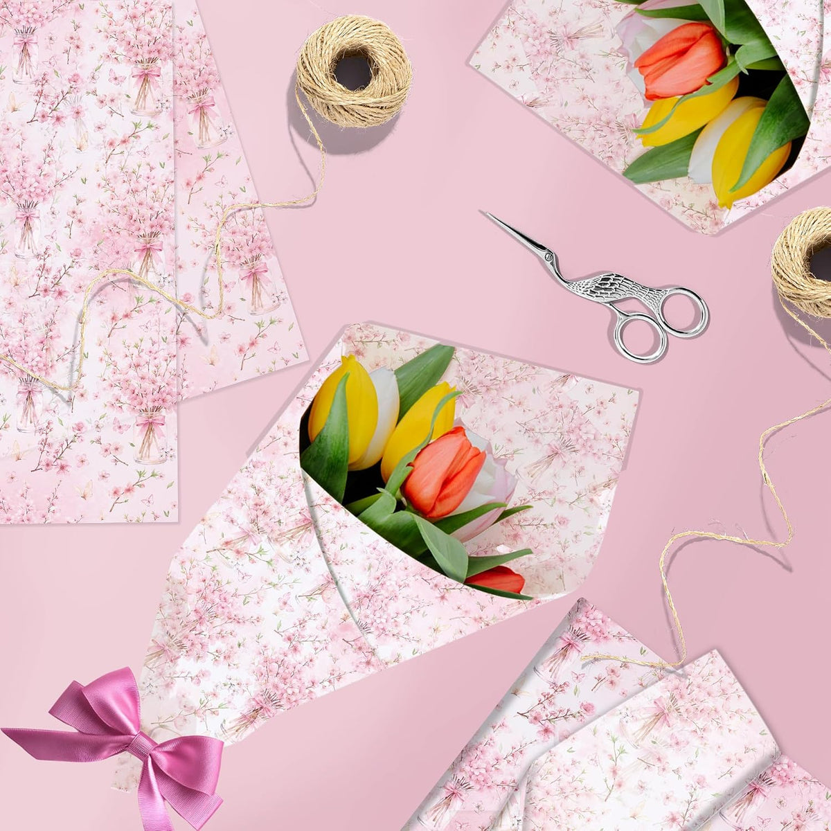 50 Sheets Pink Floral Tissue Papers, Peach Blossoms Flower Gift Wrapping Paper Art Decorative Tissue for Wedding Birthday Bridal Shower Craft Tea Party Favor Decoration, 14 x 20 Inch (A)
