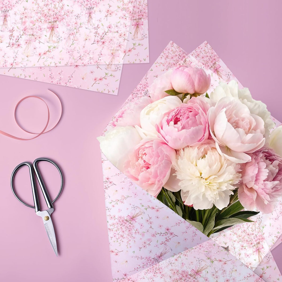 50 Sheets Pink Floral Tissue Papers, Peach Blossoms Flower Gift Wrapping Paper Art Decorative Tissue for Wedding Birthday Bridal Shower Craft Tea Party Favor Decoration, 14 x 20 Inch (A)