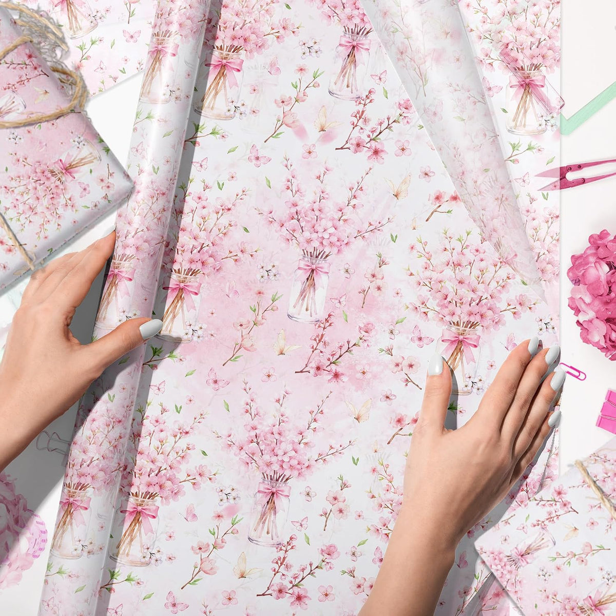 50 Sheets Pink Floral Tissue Papers, Peach Blossoms Flower Gift Wrapping Paper Art Decorative Tissue for Wedding Birthday Bridal Shower Craft Tea Party Favor Decoration, 14 x 20 Inch (A)