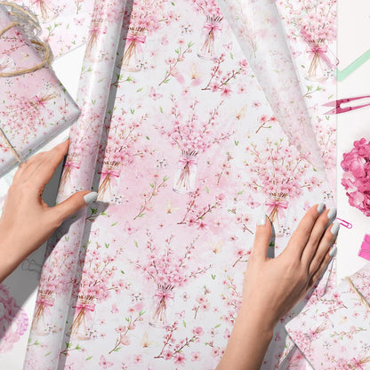 50 Sheets Pink Floral Tissue Papers, Peach Blossoms Flower Gift Wrapping Paper Art Decorative Tissue for Wedding Birthday Bridal Shower Craft Tea Party Favor Decoration, 14 x 20 Inch (A)