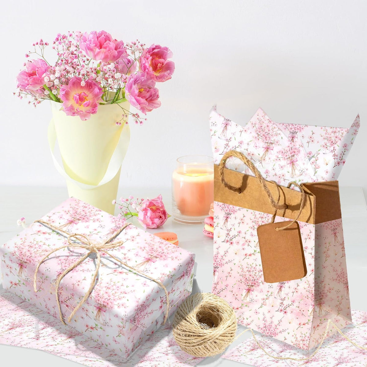 50 Sheets Pink Floral Tissue Papers, Peach Blossoms Flower Gift Wrapping Paper Art Decorative Tissue for Wedding Birthday Bridal Shower Craft Tea Party Favor Decoration, 14 x 20 Inch (A)