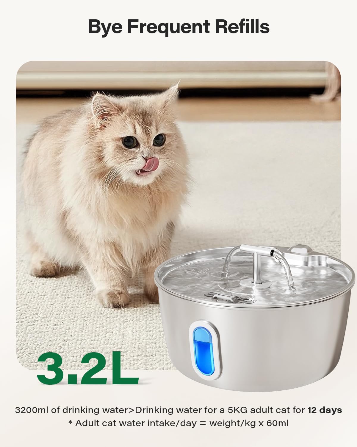 Stainless Steel Cat Water Fountain - 3.2L/108oz Cat Fountain for Drinking | Quiet Pet Water Fountain for Cats Indoor - Automatic Pet Water Bowl Dispenser - for Kitty & Small Dog