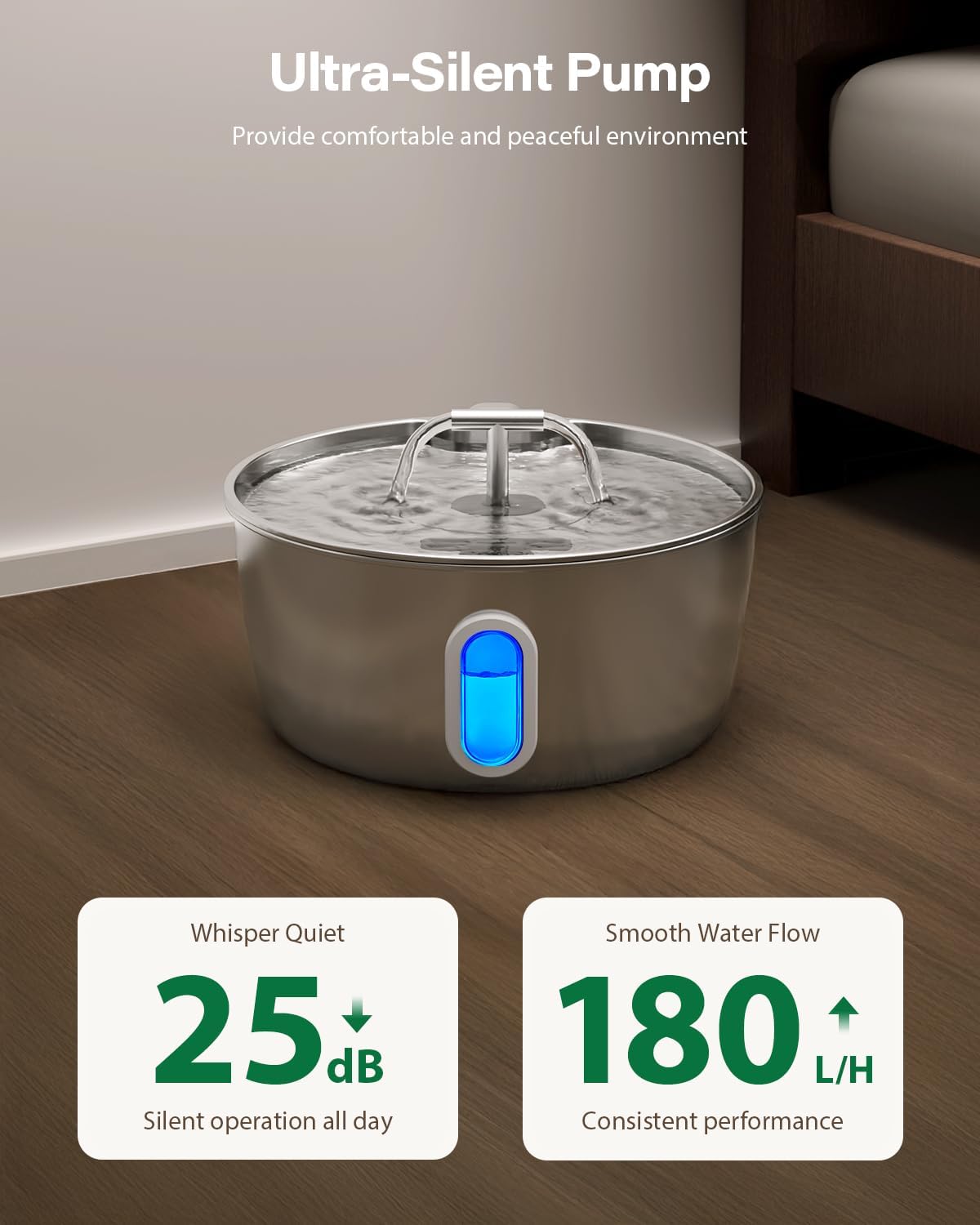 Stainless Steel Cat Water Fountain - 3.2L/108oz Cat Fountain for Drinking | Quiet Pet Water Fountain for Cats Indoor - Automatic Pet Water Bowl Dispenser - for Kitty & Small Dog