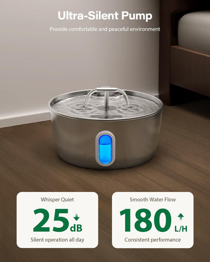 Stainless Steel Cat Water Fountain - 3.2L/108oz Cat Fountain for Drinking | Quiet Pet Water Fountain for Cats Indoor - Automatic Pet Water Bowl Dispenser - for Kitty & Small Dog