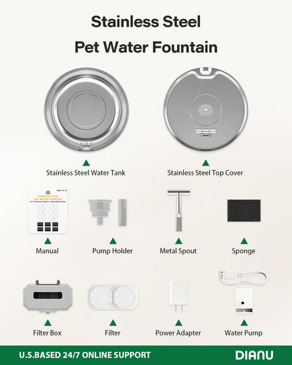 Stainless Steel Cat Water Fountain - 3.2L/108oz Cat Fountain for Drinking | Quiet Pet Water Fountain for Cats Indoor - Automatic Pet Water Bowl Dispenser - for Kitty & Small Dog