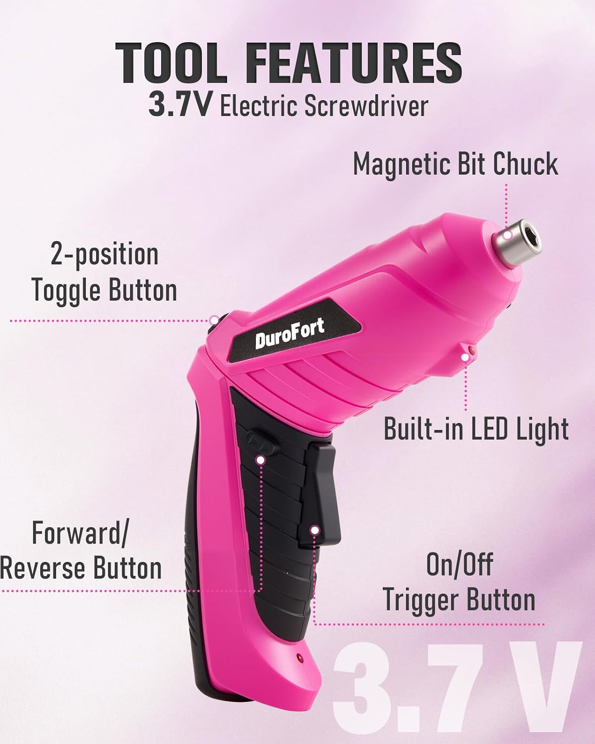 Pink Cordless Electric Screwdriver Set, 3.7V Rechargeable Small Electric Drill with 25pcs Driver Bit Set, Power 3Nm Screw Gun with 2 Position Handle, Flexible Shaft LED Light for Women