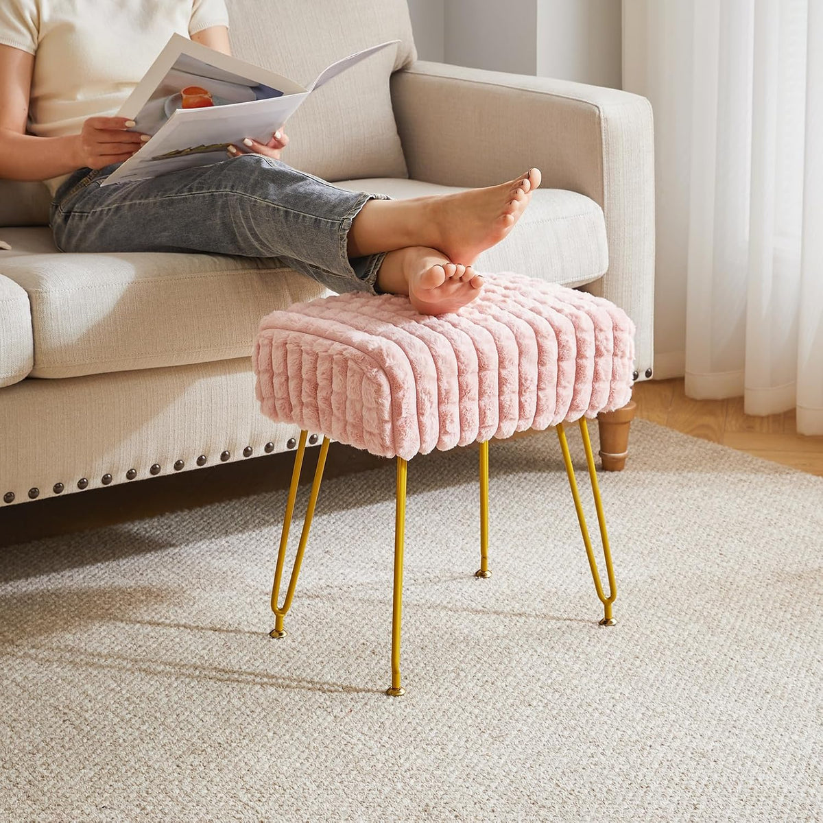 Makeup Vanity Chair, Rectangular Footrest Stool, Pink WBD003P
