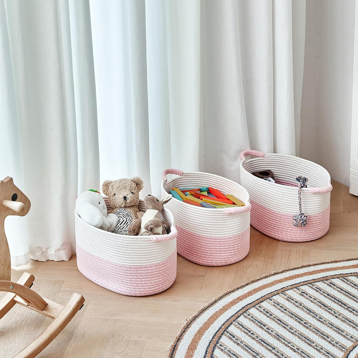 Storage Baskets for Organizing | 15"x10.2"x9.1" - 1 Pack Nursery Bin with Handles - Woven Cotton Rope Baskets for Dog Toys, Books, Shelf, Bathroom,Closet -Pink Basket for Girls