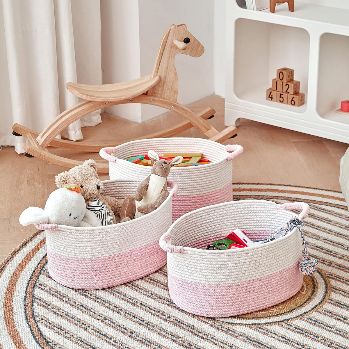 Storage Baskets for Organizing | 15"x10.2"x9.1" - 1 Pack Nursery Bin with Handles - Woven Cotton Rope Baskets for Dog Toys, Books, Shelf, Bathroom,Closet -Pink Basket for Girls