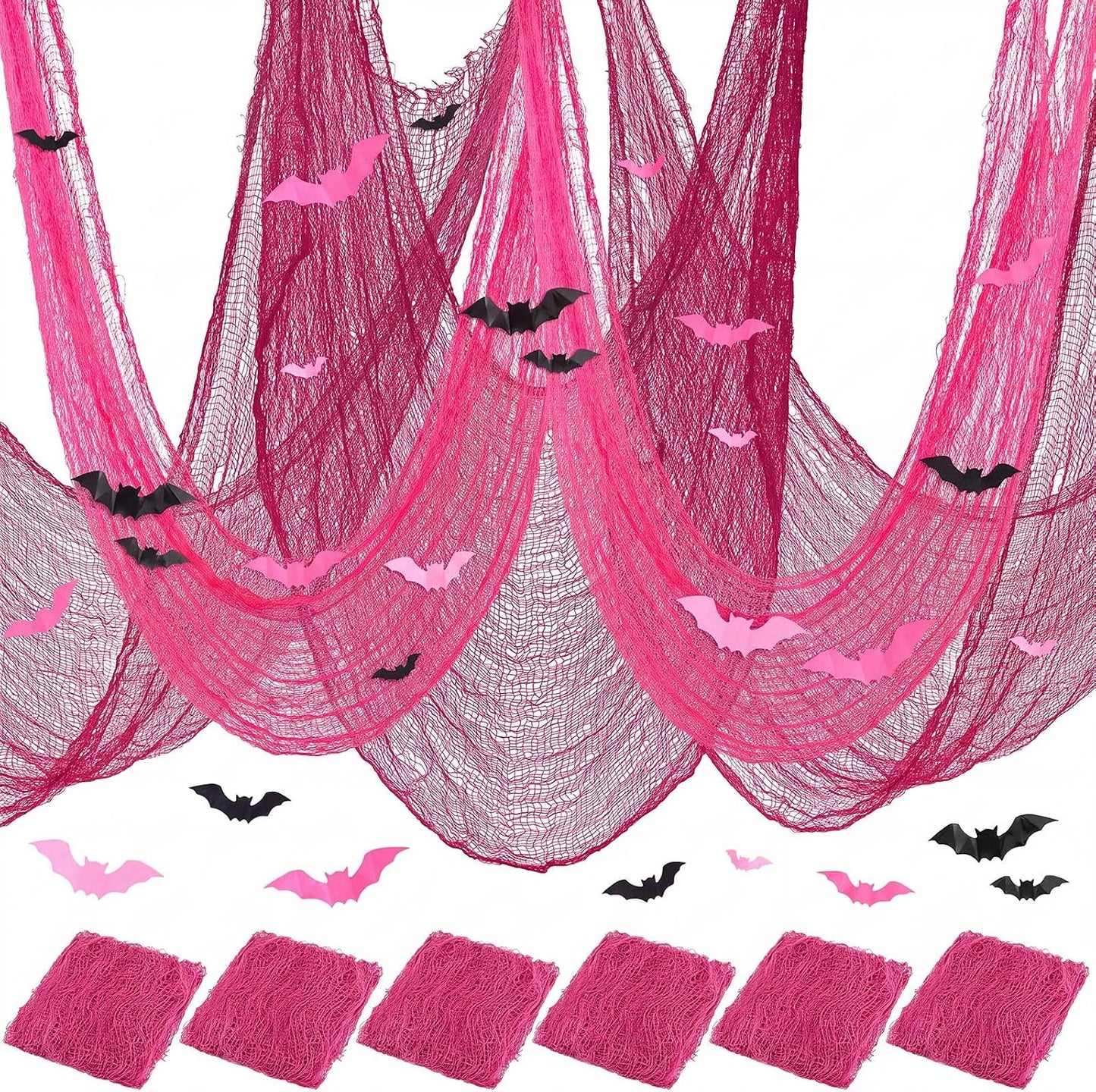 12 Set Halloween Pink Creepy Gauze Decor, Spider Web 3D Bats