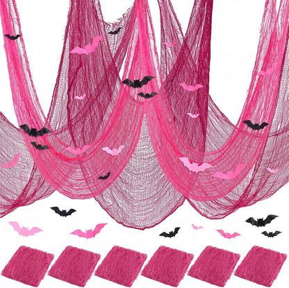 12 Set Halloween Pink Creepy Gauze Decor, Spider Web 3D Bats
