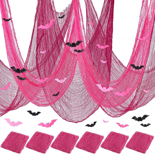 12 Set Halloween Pink Creepy Gauze Decor, Spider Web 3D Bats