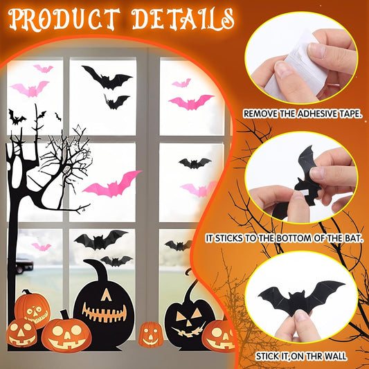 12 Set Halloween Pink Creepy Gauze Decor, Spider Web 3D Bats