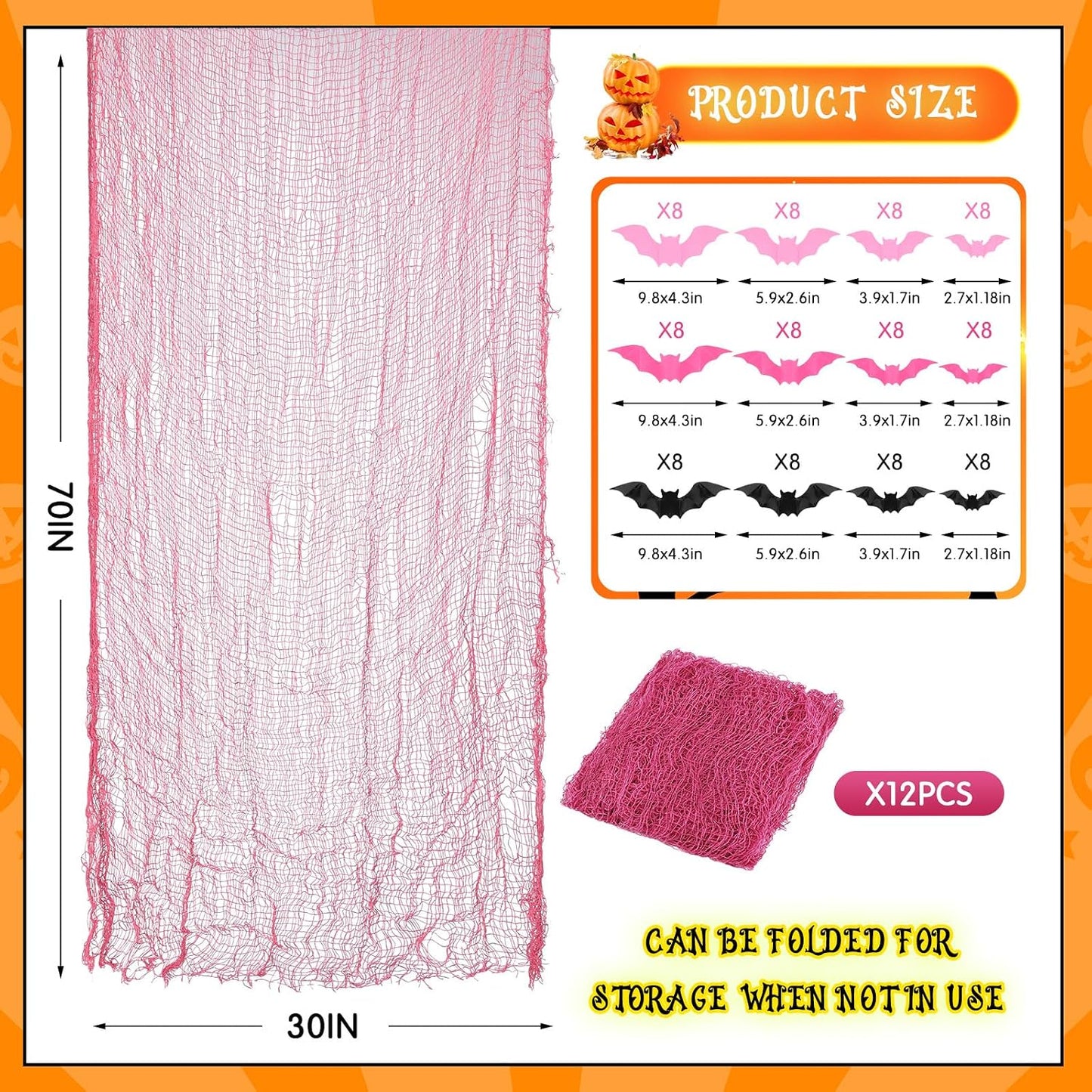 12 Set Halloween Pink Creepy Gauze Decor, Spider Web 3D Bats