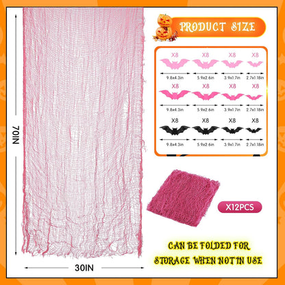 12 Set Halloween Pink Creepy Gauze Decor, Spider Web 3D Bats