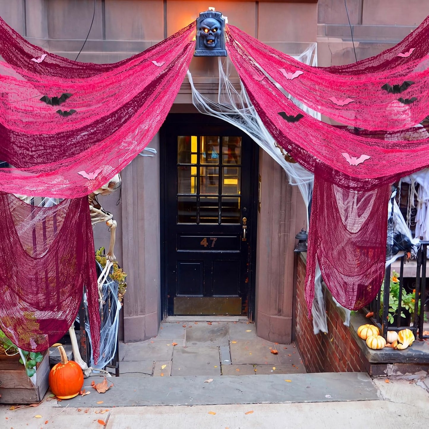 12 Set Halloween Pink Creepy Gauze Decor, Spider Web 3D Bats