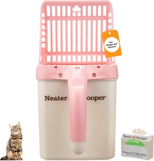 Neater Scooper Standard Cat Litter Scoop, 15 Refill Bags – Mess-Free Cat Litter Scooper with Bag, Spill-Proof Kitty Box Sifter, Bin Doubles as Scoop Holder, For Single-Cat Households