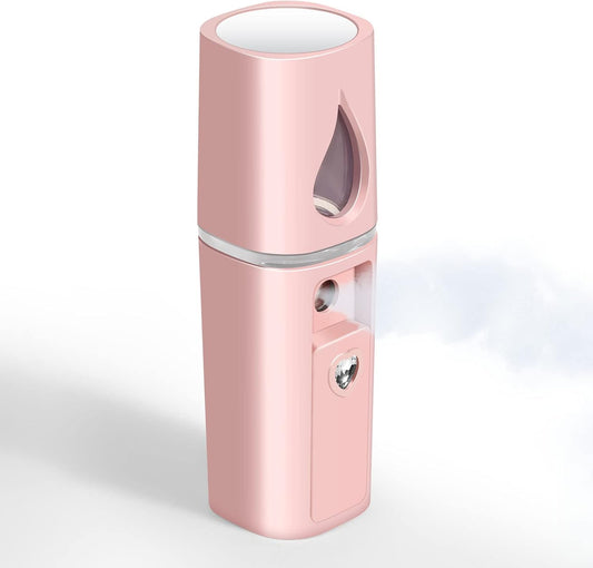Nano Facial Steamer, Handy Mini Mister with Mirror, USB Rechargeable Mist Sprayer, Visual Water Tank Moisturizing&Hydrating for Face, Makeup, Skin Care, Eyelash Extensions-Pink