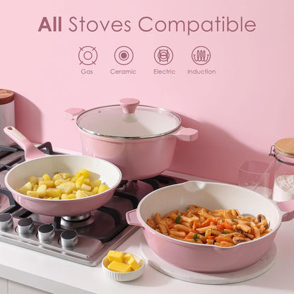 Nonstick Ceramic Cookware Set Large 13-Piece, Healthy Pots and Pans Set Dishwasher Safe, Non-toxic Kitchen Cooking Set with Stay-Cool Handles, Induction Compatible, PFAS Free, Pink