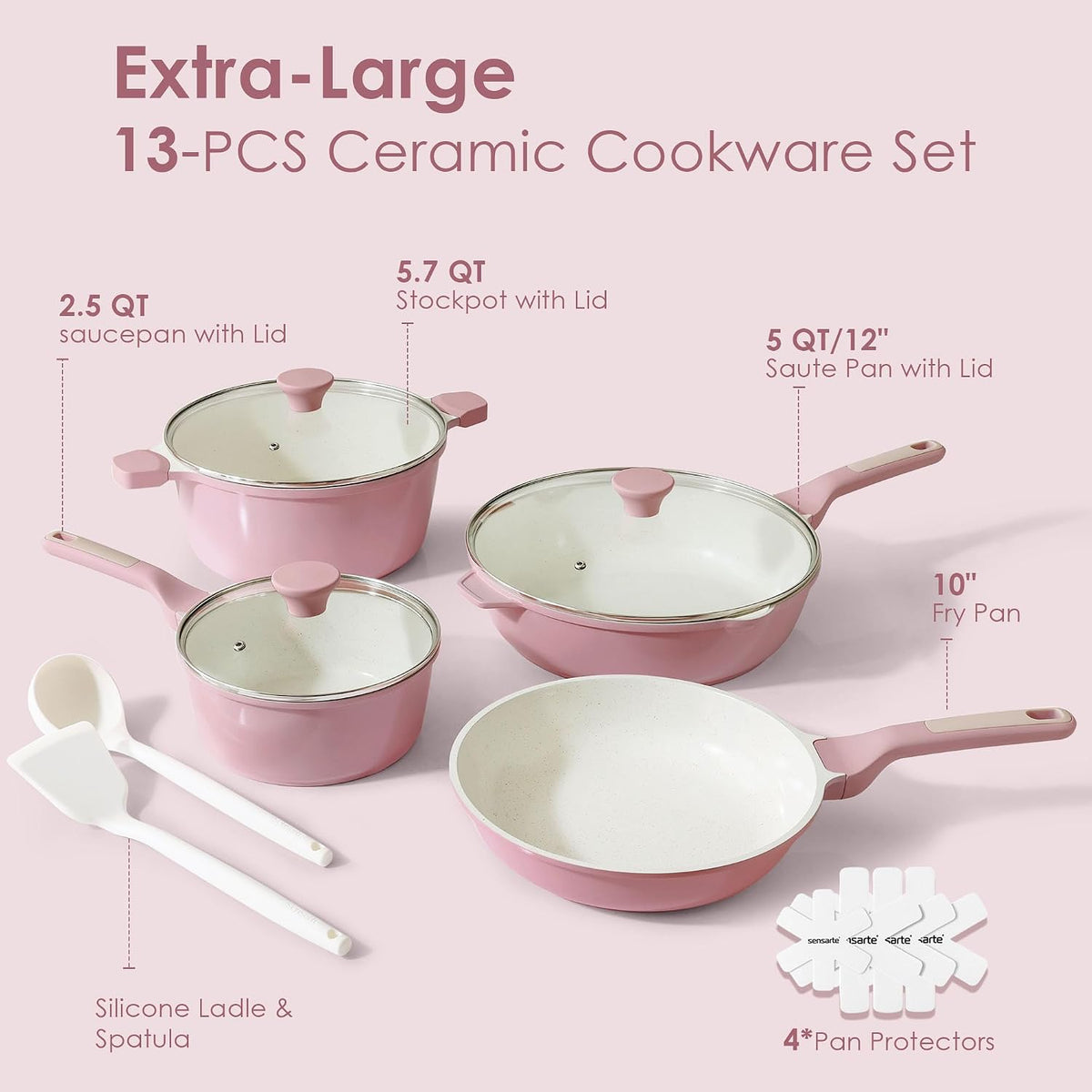 Nonstick Ceramic Cookware Set Large 13-Piece, Healthy Pots and Pans Set Dishwasher Safe, Non-toxic Kitchen Cooking Set with Stay-Cool Handles, Induction Compatible, PFAS Free, Pink