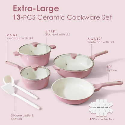 Nonstick Ceramic Cookware Set Large 13-Piece, Healthy Pots and Pans Set Dishwasher Safe, Non-toxic Kitchen Cooking Set with Stay-Cool Handles, Induction Compatible, PFAS Free, Pink