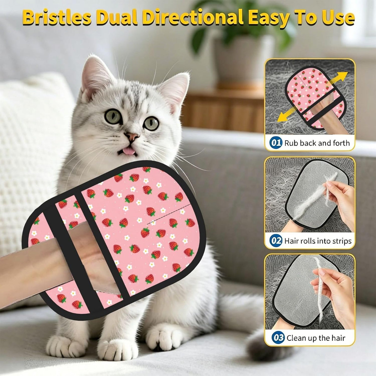 Pink Strawberry Flower Pet Hair Removal Glove Dogs Hair Remover Glove Cats Fur Removal Tool with Hanging Loop for Couch 6.7X9.5 in