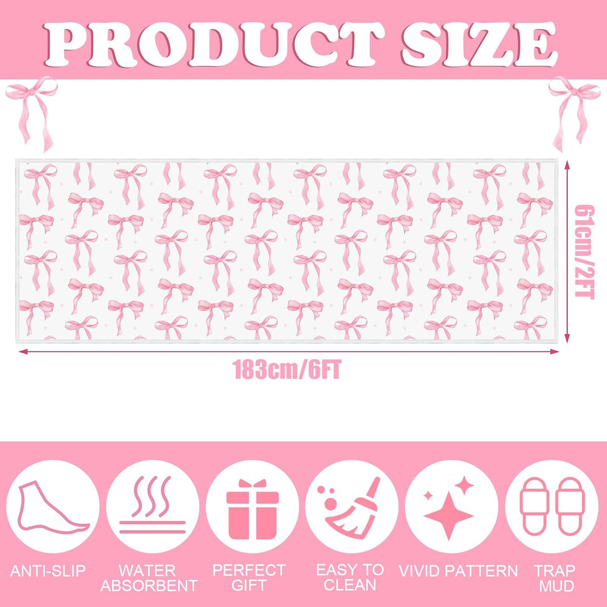 Coquette Pink Bow Runner Rug 2 x 6 ft Large Pink Bow Soft Washable Rug with Non Slip, Low Pile Stain Resistance Carpet for Entryway Hallway Kitchen Laundry Living Room