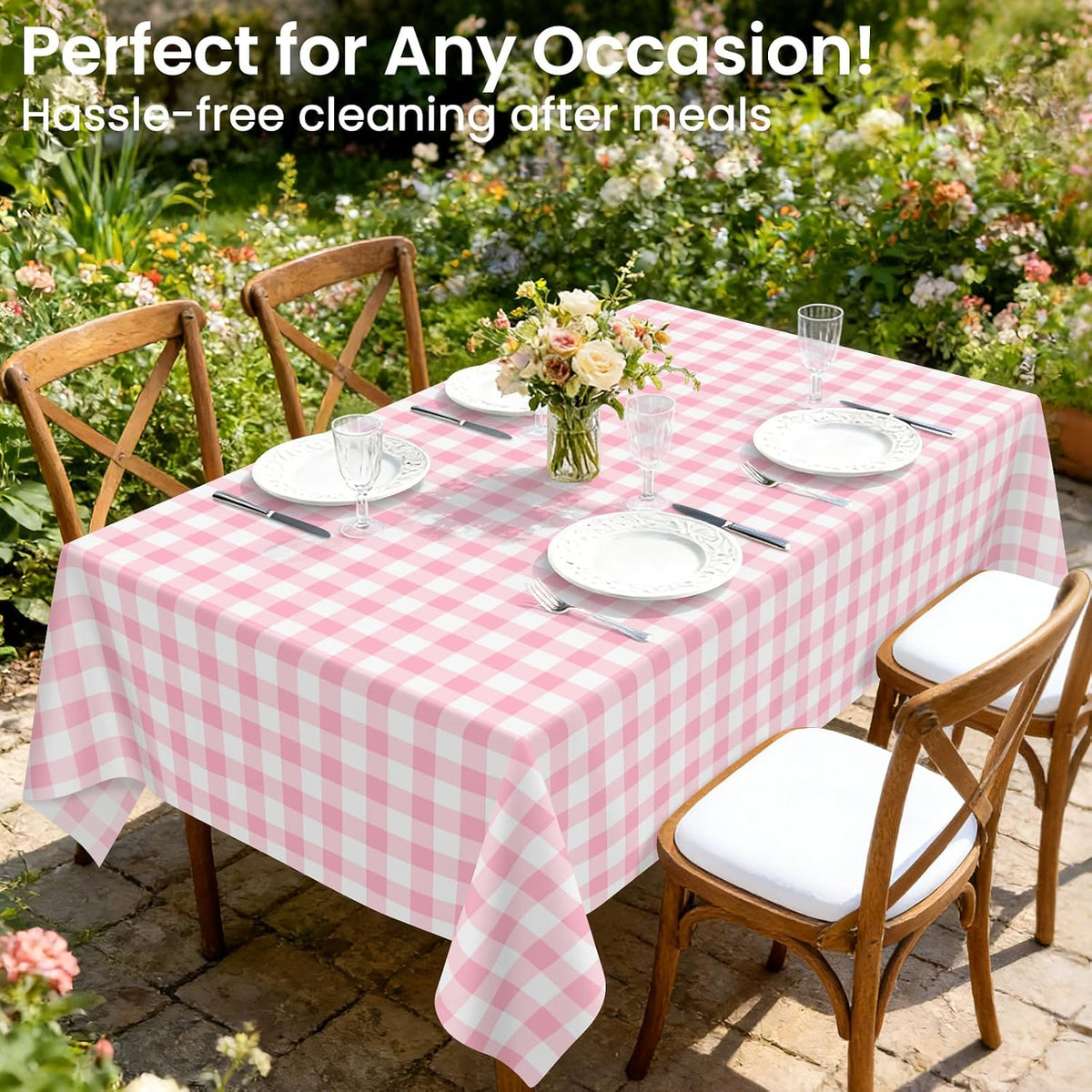 Pink Gingham Tablecloth Disposable, 4 Pack, 54 x 108 Inch