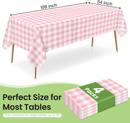 Pink Gingham Tablecloth Disposable, 4 Pack, 54 x 108 Inch