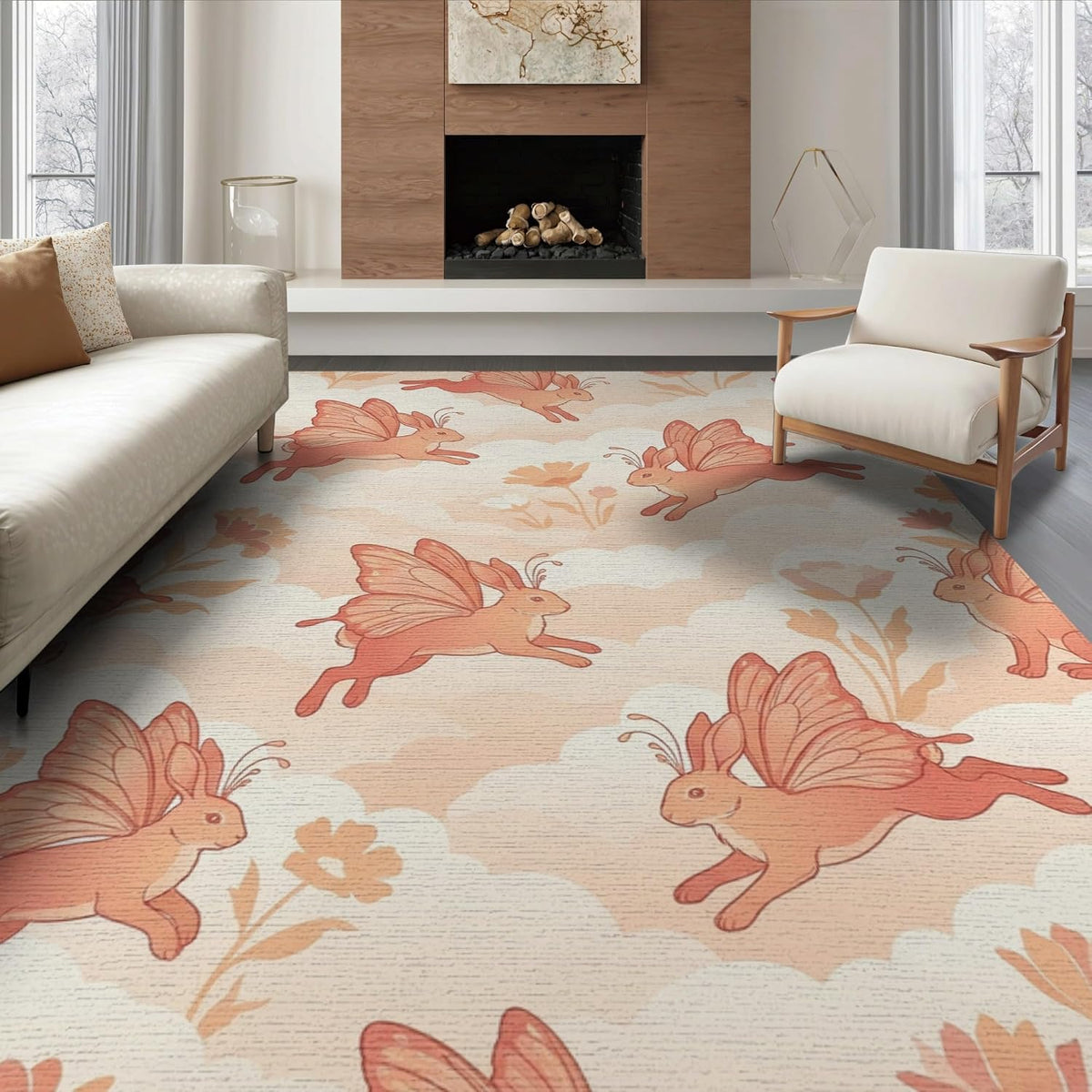 6'x9' Washable Kawaii Floral Area Rug, Peach Foldable Non-Slip Large Carpet Foldable Easy Care Carpet for Queen Size Bedroom, Under Bed, Master Bedroom | Ref:1969583