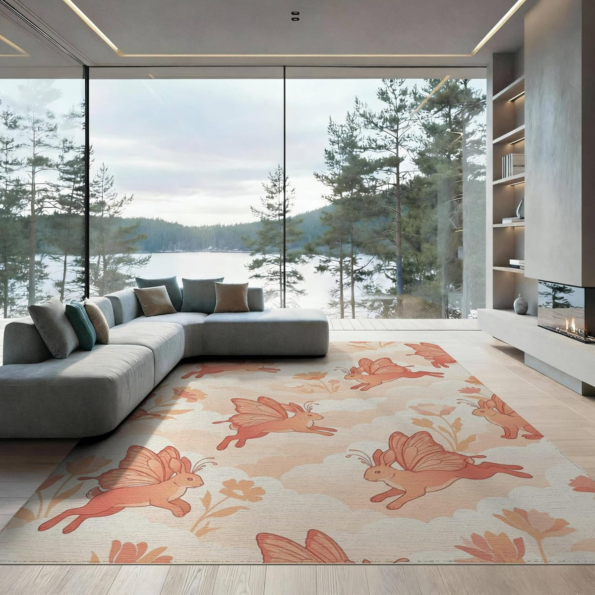 6'x9' Washable Kawaii Floral Area Rug, Peach Foldable Non-Slip Large Carpet Foldable Easy Care Carpet for Queen Size Bedroom, Under Bed, Master Bedroom | Ref:1969583