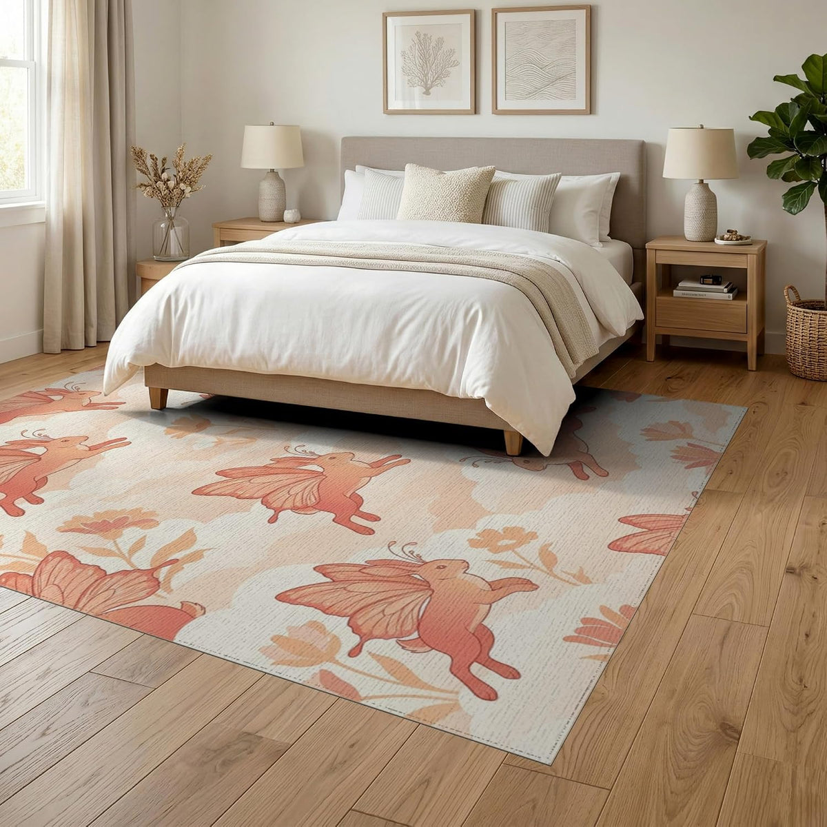6'x9' Washable Kawaii Floral Area Rug, Peach Foldable Non-Slip Large Carpet Foldable Easy Care Carpet for Queen Size Bedroom, Under Bed, Master Bedroom | Ref:1969583