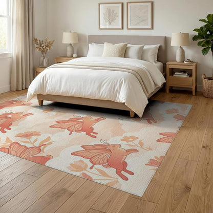 6'x9' Washable Kawaii Floral Area Rug, Peach Foldable Non-Slip Large Carpet Foldable Easy Care Carpet for Queen Size Bedroom, Under Bed, Master Bedroom | Ref:1969583