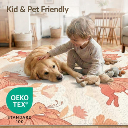 6'x9' Washable Kawaii Floral Area Rug, Peach Foldable Non-Slip Large Carpet Foldable Easy Care Carpet for Queen Size Bedroom, Under Bed, Master Bedroom | Ref:1969583