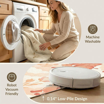 6'x9' Washable Kawaii Floral Area Rug, Peach Foldable Non-Slip Large Carpet Foldable Easy Care Carpet for Queen Size Bedroom, Under Bed, Master Bedroom | Ref:1969583