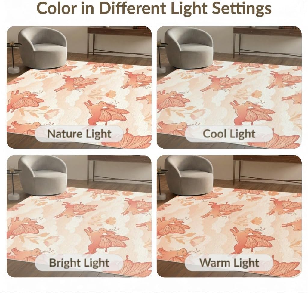 6'x9' Washable Kawaii Floral Area Rug, Peach Foldable Non-Slip Large Carpet Foldable Easy Care Carpet for Queen Size Bedroom, Under Bed, Master Bedroom | Ref:1969583