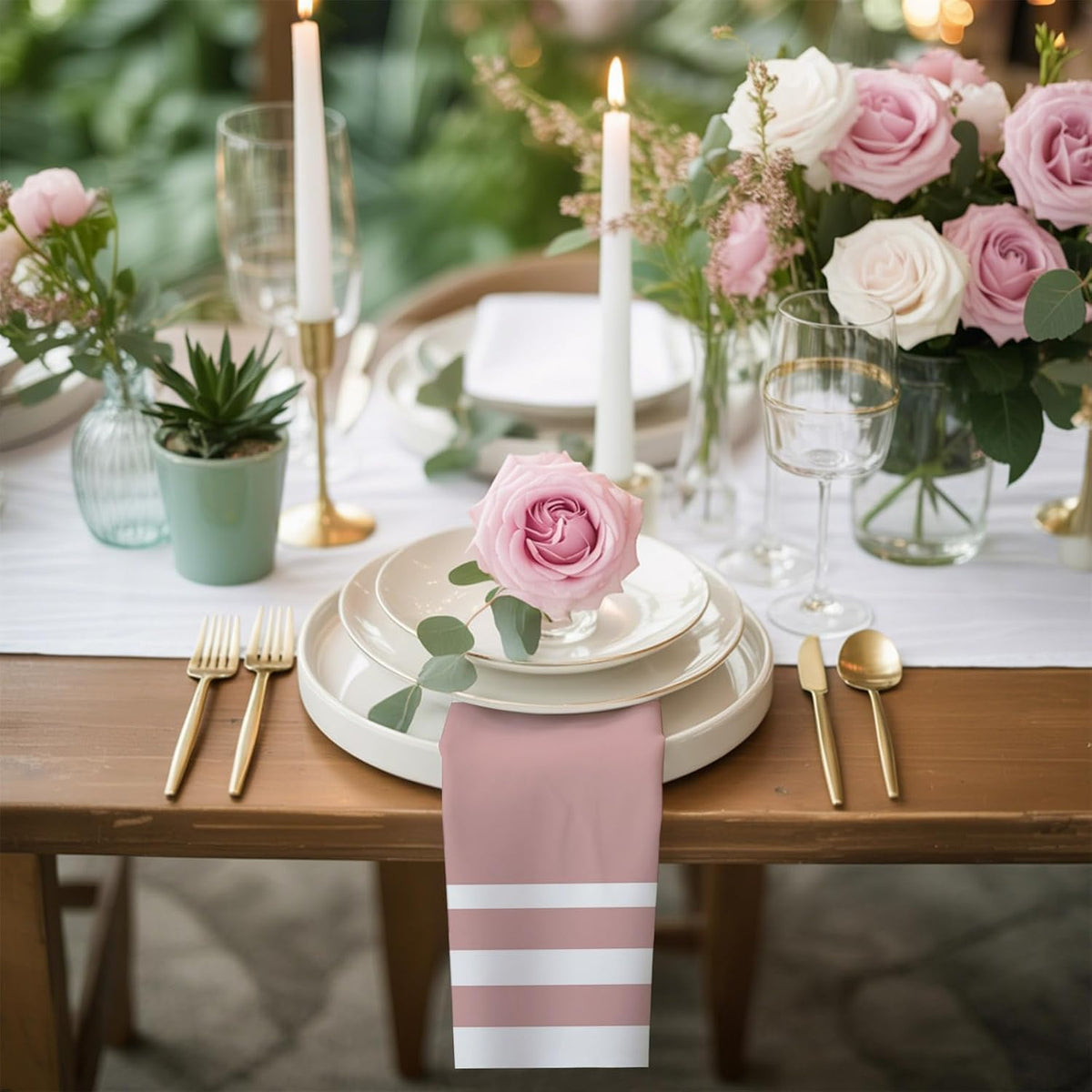 Cloth Napkins 20 x 20 Inch Geometric Pattern Soft Absorbent Dinner Napkins Pink Stripe Washable Reusable Kitchen Napkin Sets for Parties Wedding Restaurant Hotel