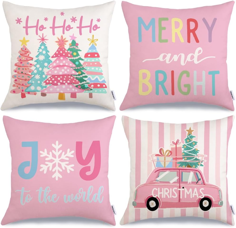 Christmas Throw Pillow Covers 18 x 18 Inch Set of 4, Xmas Trees Truck Merry and Bright Pink Striped Holiday Farmhouse Decorative Cushion Cases for Home Decoration G581-18