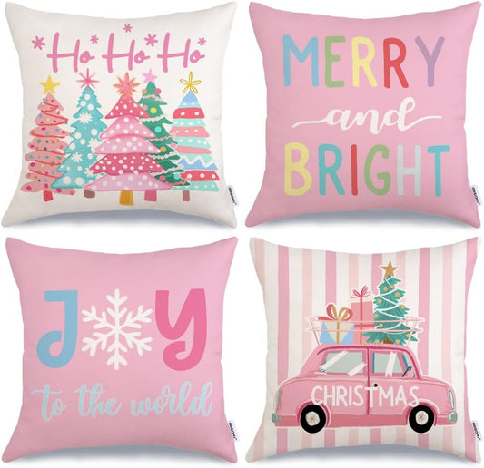 Christmas Throw Pillow Covers 18 x 18 Inch Set of 4, Xmas Trees Truck Merry and Bright Pink Striped Holiday Farmhouse Decorative Cushion Cases for Home Decoration G581-18
