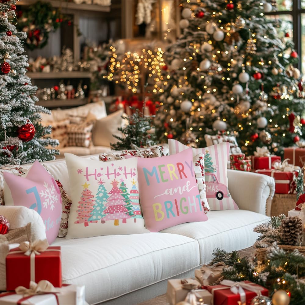 Christmas Throw Pillow Covers 18 x 18 Inch Set of 4, Xmas Trees Truck Merry and Bright Pink Striped Holiday Farmhouse Decorative Cushion Cases for Home Decoration G581-18