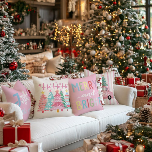 Christmas Throw Pillow Covers 18 x 18 Inch Set of 4, Xmas Trees Truck Merry and Bright Pink Striped Holiday Farmhouse Decorative Cushion Cases for Home Decoration G581-18