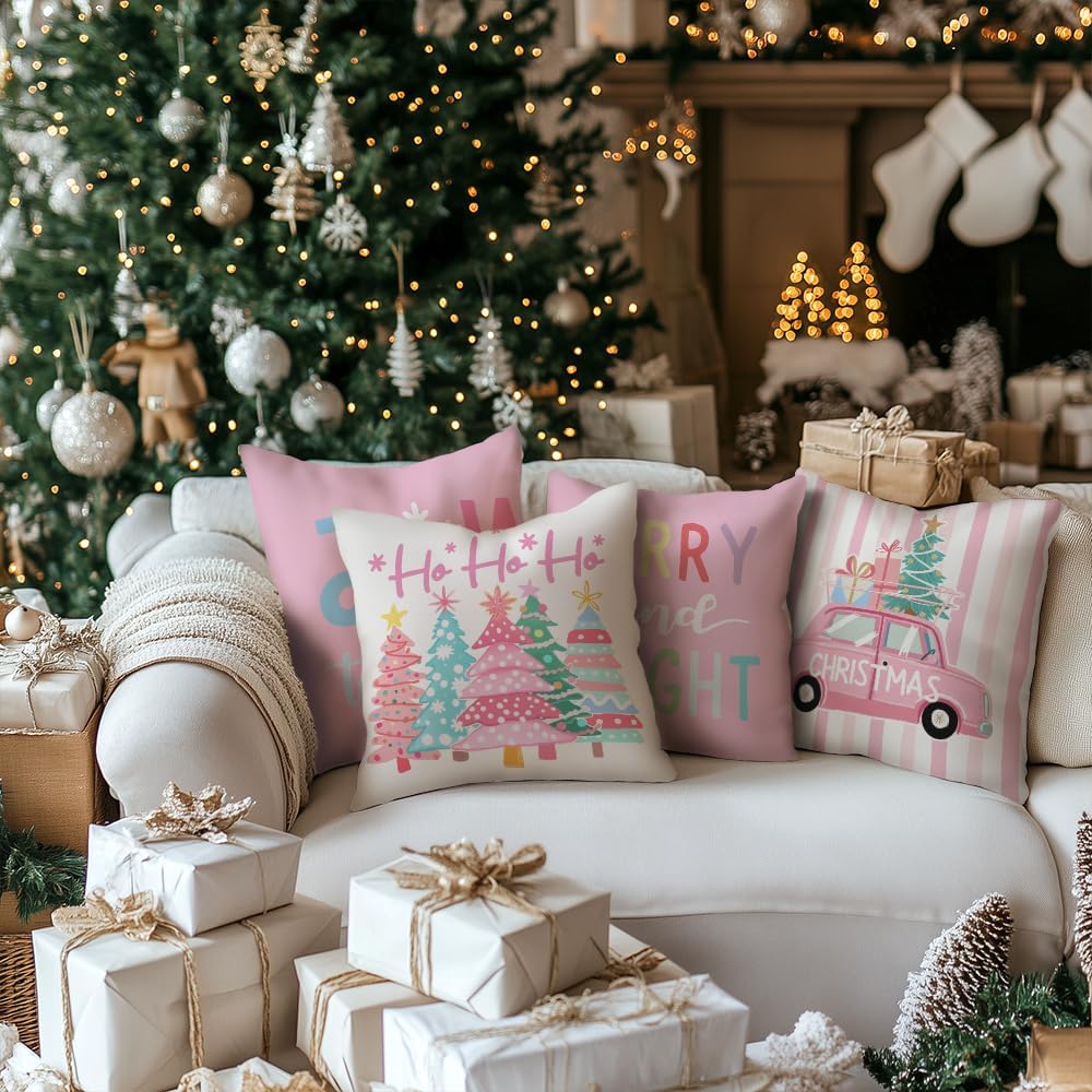 Christmas Throw Pillow Covers 18 x 18 Inch Set of 4, Xmas Trees Truck Merry and Bright Pink Striped Holiday Farmhouse Decorative Cushion Cases for Home Decoration G581-18