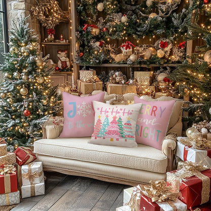 Christmas Throw Pillow Covers 18 x 18 Inch Set of 4, Xmas Trees Truck Merry and Bright Pink Striped Holiday Farmhouse Decorative Cushion Cases for Home Decoration G581-18