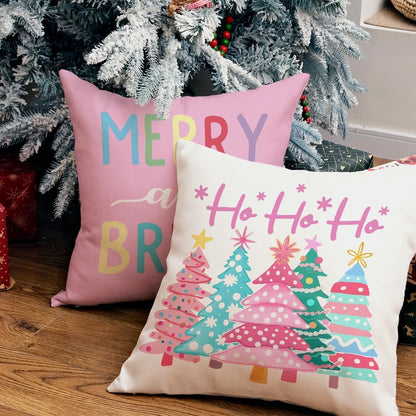 Christmas Throw Pillow Covers 18 x 18 Inch Set of 4, Xmas Trees Truck Merry and Bright Pink Striped Holiday Farmhouse Decorative Cushion Cases for Home Decoration G581-18
