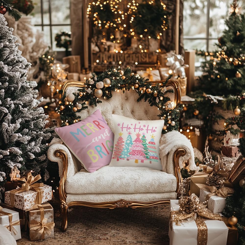 Christmas Throw Pillow Covers 18 x 18 Inch Set of 4, Xmas Trees Truck Merry and Bright Pink Striped Holiday Farmhouse Decorative Cushion Cases for Home Decoration G581-18